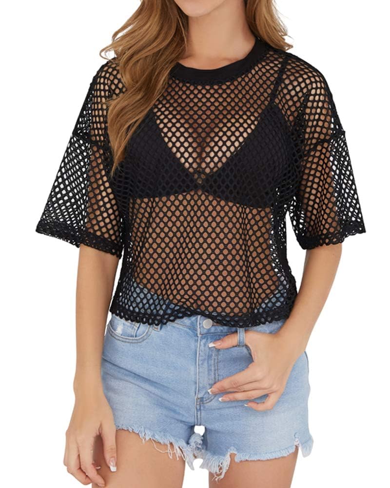 CLOZOZ Women's Mesh Crop Top See Through Fishnet Shirt Short Sleeve Crew Neck Sheer Cover Up - Image 5